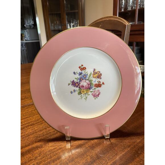 Syracuse China Old Ivory Plate Pink Border, Floral Center Rouge Style VTG EUC - Picture 1 of 8
